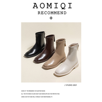 Square head European and American short boots Women 2021 new autumn and winter flat bottom middle cylinder boots slim thin boots Soft bottom brown Fashion womens shoes