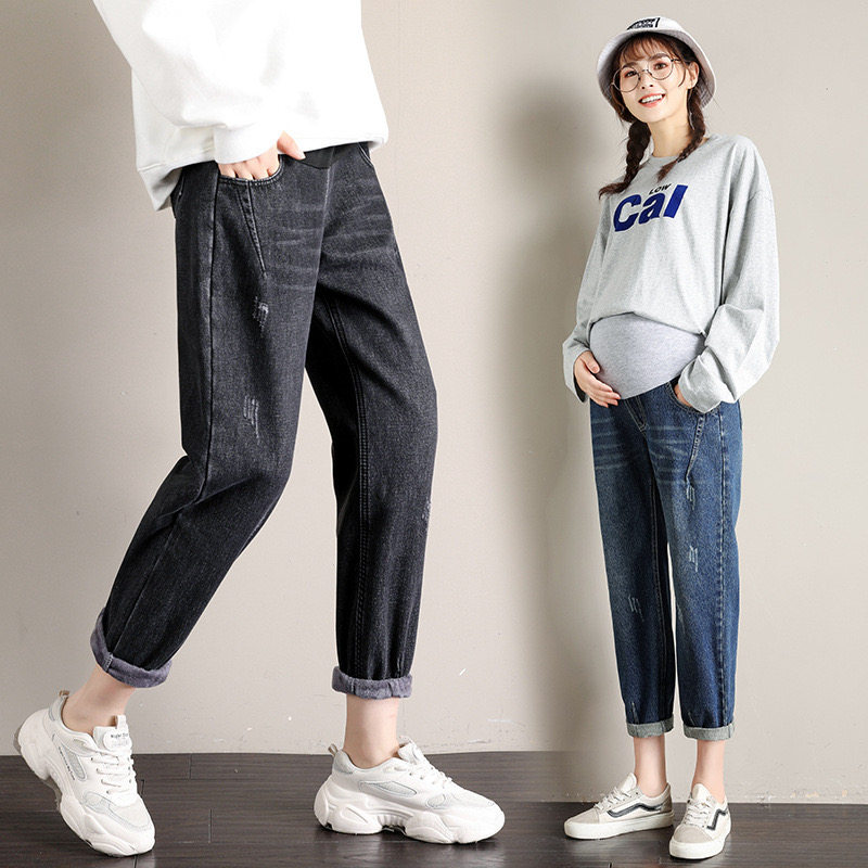 Add the pregnant woman's straight pair jeans spring and autumn plus fat pair of pregnant women with pants plus length trousers 200 - 300 kg