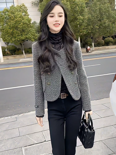 Женская одежда во французском стиле, короткие весенние и осенние модные знаменитости, универсальные свободные твидовые тканые топы