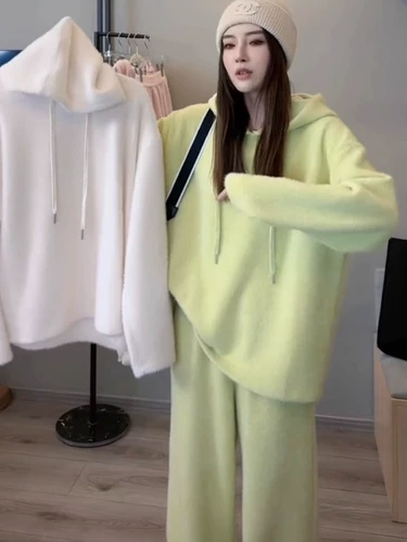 Комплект, бархатные штаны с капюшоном, высокая талия