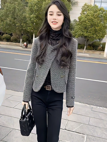 Женская одежда во французском стиле, короткие весенние и осенние модные знаменитости, универсальные свободные твидовые тканые топы