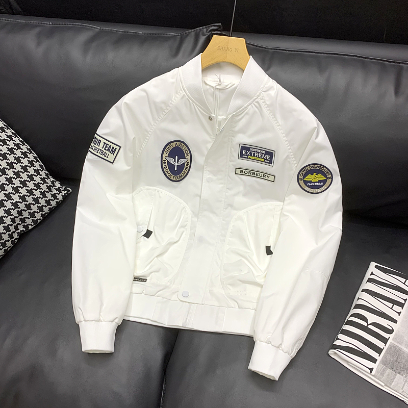 Men's Spring and Autumn Casual White Baseball Jacket, Trendy Micro-Print Streetwear Workwear Outerwear for Men