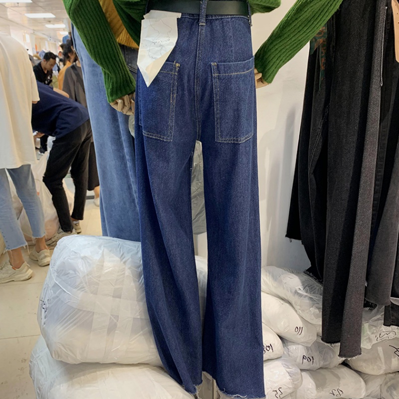 Blue high-waisted jeans women's spring and autumn new Korean all-match loose all-match wide-leg pants straight trousers with belt