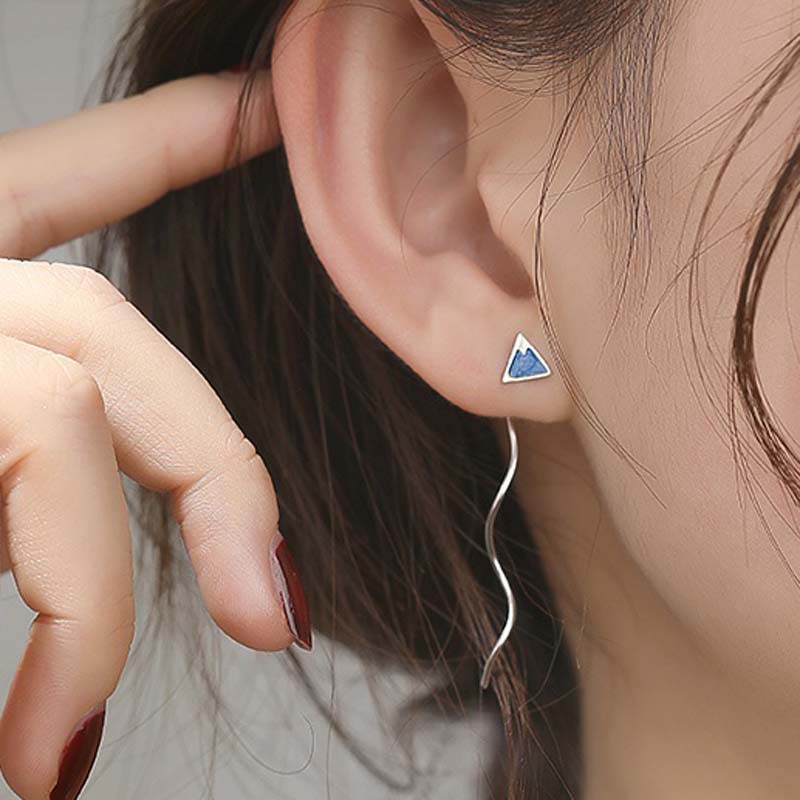 Sterling silver blue triangle earrings female earrings temperament super fairy long wave earrings small student earrings earrings