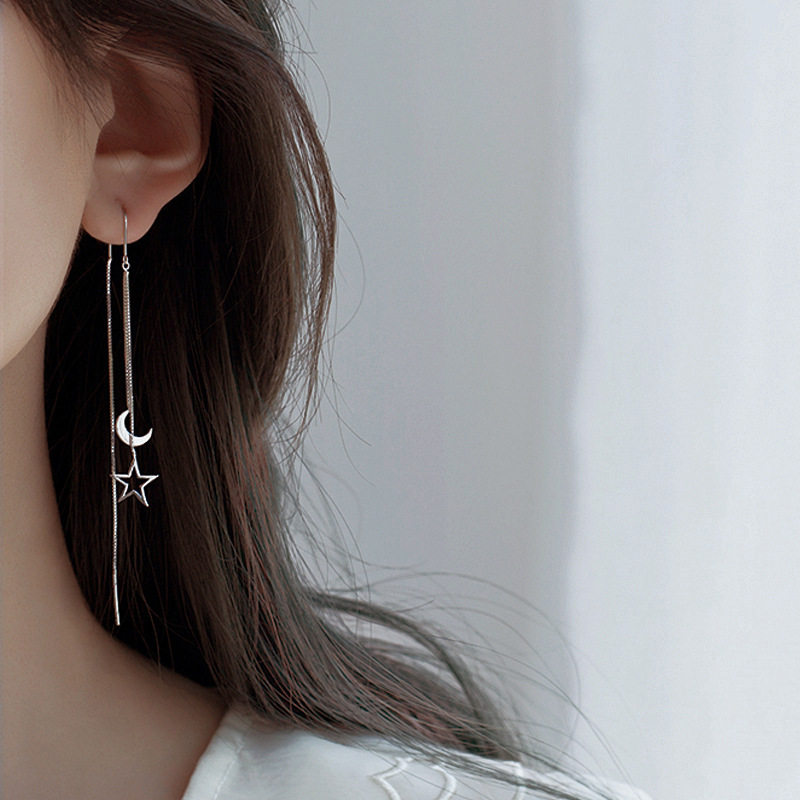 Sterling silver thin face earrings new trend Su long style all-match students Korean version of net red small crowd hollowed out star and moon ear wire