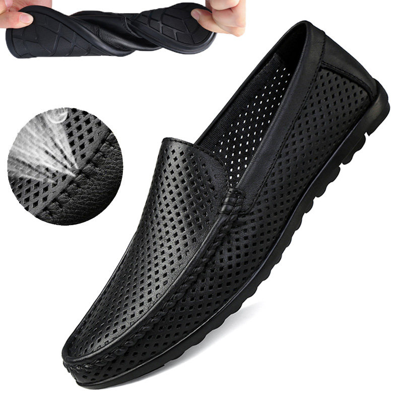 Summer bean-bean shoes hollowed-out men's shoes perforated men's casual leather shoes genuine leather soft-bottom middle-aged dad cool leather shoes