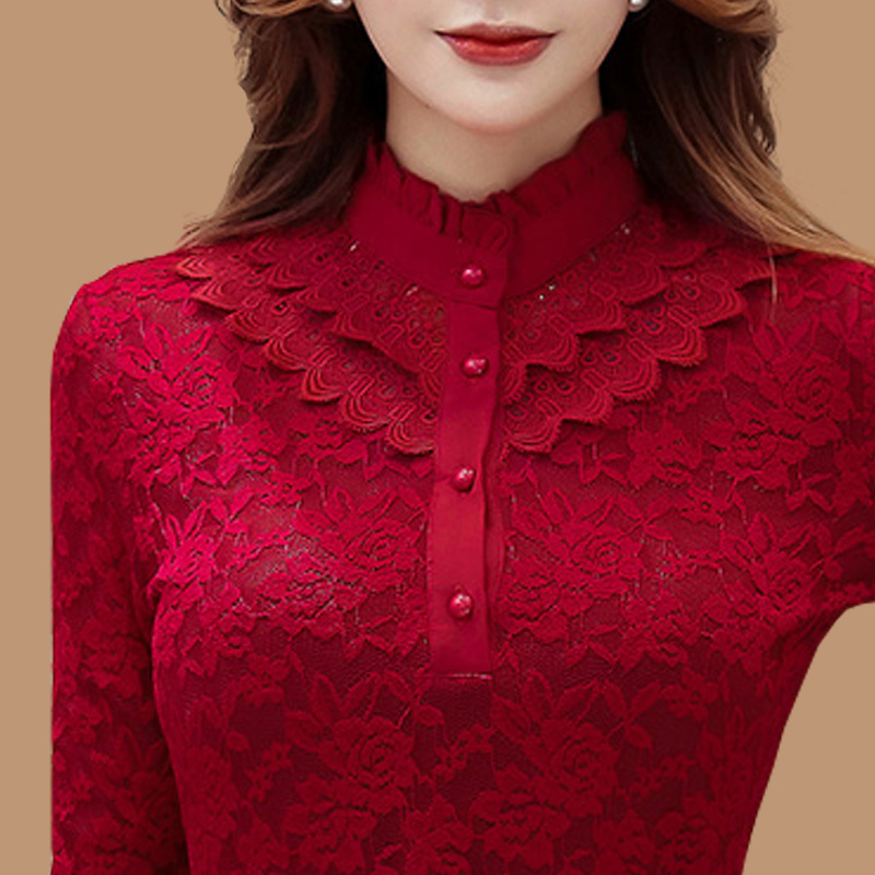 Plus Size Half Turtleneck Lace Base Shirt for Women, Stylish Autumn and Winter Inner Wear for Mothers, Fleece-Lined, Thickened, Warm Red Top