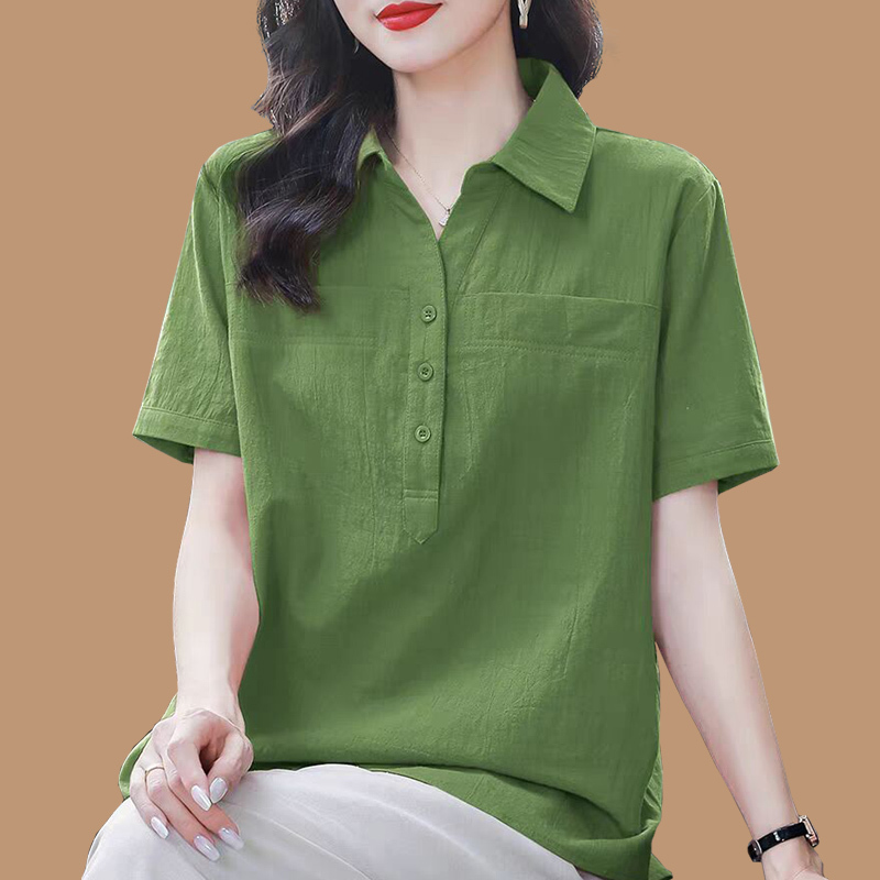 Plus Size Short-Sleeved Shirt for Women 2026 New Summer Loose Cotton Shirt Middle-Aged Mother Cotton Lapel T-Shirt
