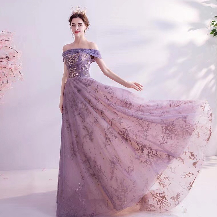 Evening Dress 2025 New Autumn and Winter Purple Wedding Toast Dress Elegant Annual Meeting Host Wedding Dress