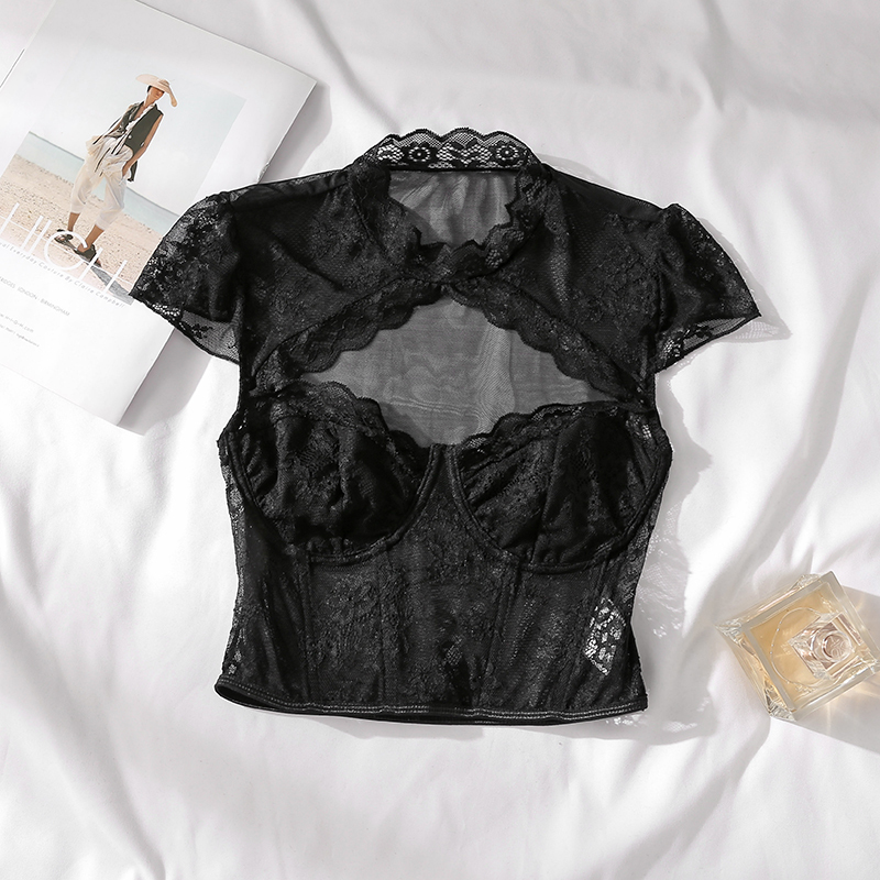 Deep V-Cut Hollow-Out Top, Feminine Lace Inner Layer, Pure and Alluring Style, Short Fishbone Bra, High-End Black Base Shirt