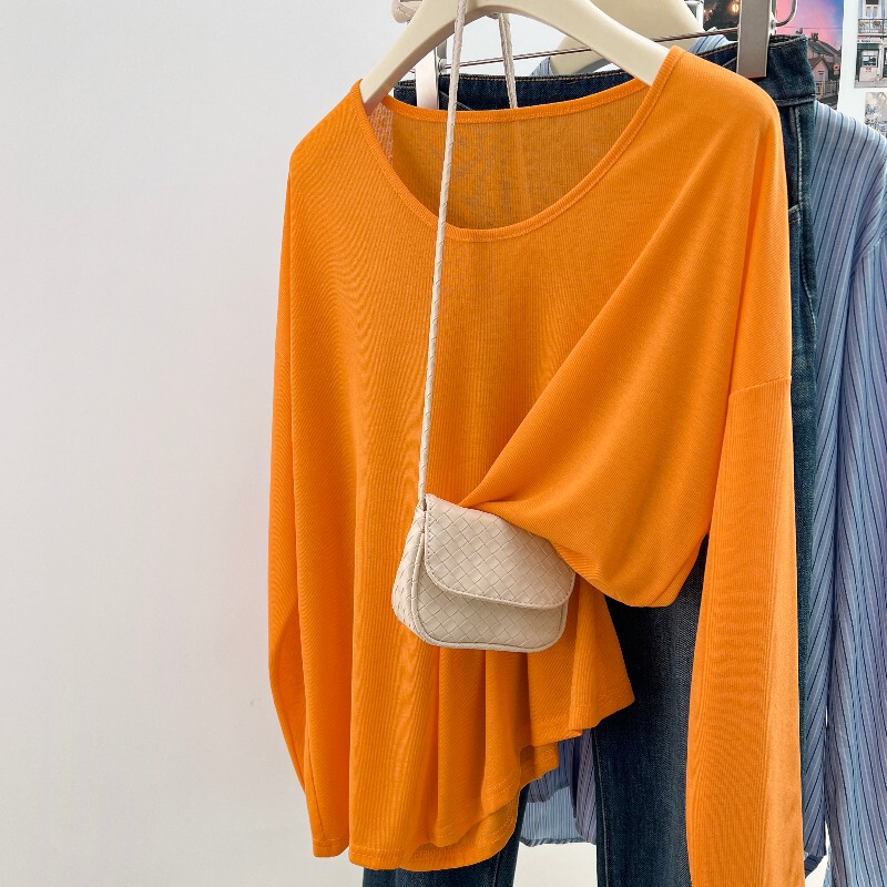 Hangzhou Sijiqing Women's Clothing Guangzhou Thirteen Rows Long-Sleeve Knitted Thin Sunscreen Cover-Up Pumpkin Orange Top for Spring and Summer