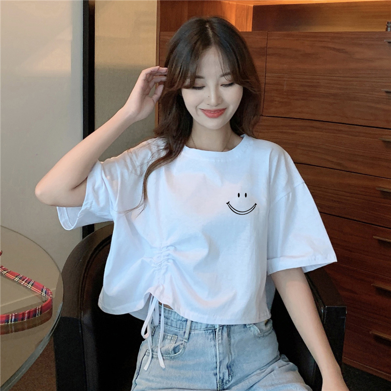 Short-Sleeved T-Shirt for Women, Niche Design, Loose Korean Style, ins Trendy Hyuna Style Drawstring High-Waisted Top for Summer