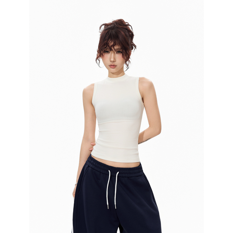 S3T5 White Half-High Collar Sleeveless Inner Elastic Vest for Women, Summer American-Style Tank Top, Slim-Fitting Base Layer Top S3T5 White Half-High Collar Sleeveless Inner Elastic Vest for Women, Summer American-Style Tank Top, Slim-Fitting Base Layer Top