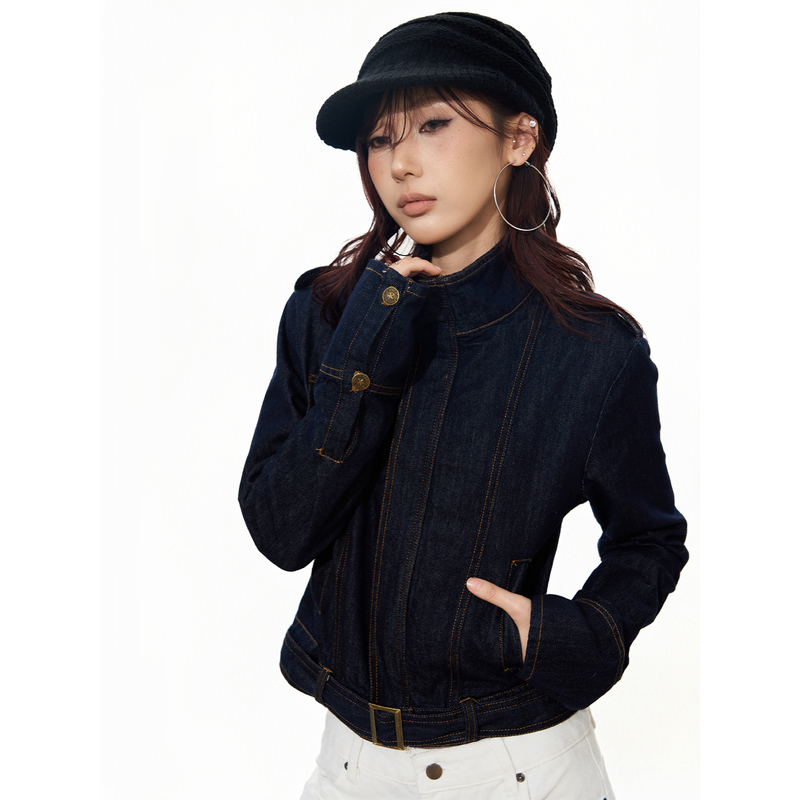 S3T5 Original Denim Stand-Up Collar Denim Jacket for Men and Women, American Design, Slim Fit, Short Top, Trendy