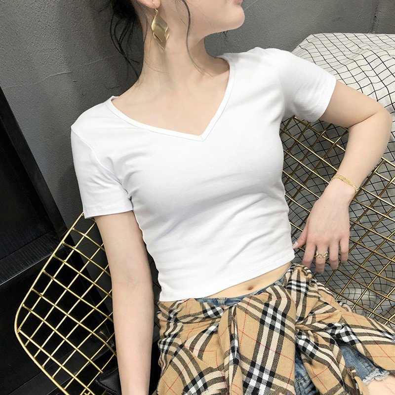 2026 Summer White T-Shirt for Women, Short-Sleeved V-Neck Tight-Fitting Base Shirt, Sweetheart Neckline, Short High-Waisted Crop Top