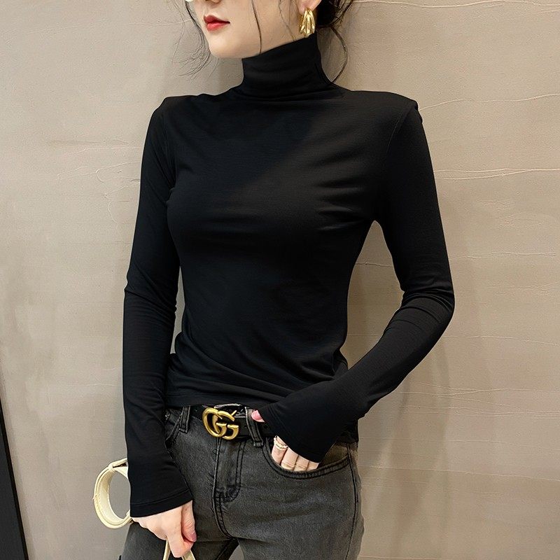 High collar double face Decede 2023 spring autumn and winter beating undershirt female inner lap long sleeves plus suede thick black foreign air warm blouses-Taobao