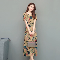 Mùa hè 2019 mới trung niên chất liệu cotton và vải lanh nữ dài trên đầu gối mẹ tải váy ngắn tay cỡ lớn họa tiết hoa - Quần áo của mẹ áo cho mẹ