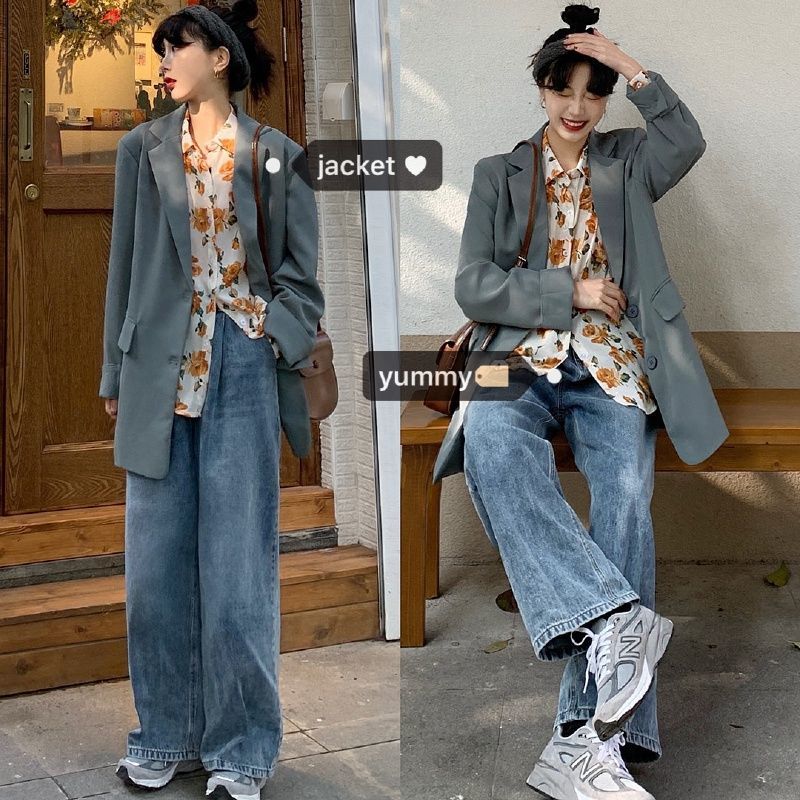 (Three-piece set)Loose lazy suit Vintage floral shirt high waist jeans Schoolgirl spring and autumn suit