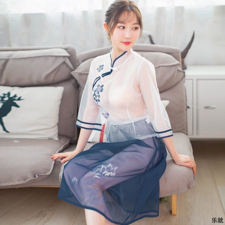 Sex underwear Sexy vintage Cheongsam slim-fit transparent Republic of China wind suit Printed temptation perspective skirt