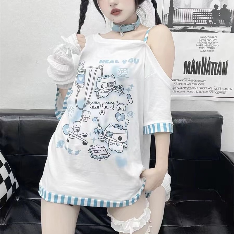 White Off-Shoulder Cartoon Short-Sleeve T-Shirt for Women, Cute Jk Student Soft Girl Top, Japanese Style, Trendy Anime Cartoon