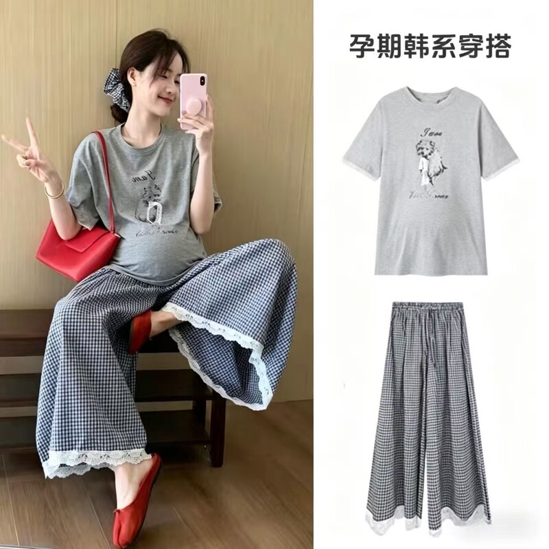Korean-Style Outfits for Pregnancy: a Summer Set of Pure Cotton T-Shirt Tops and Loose Plaid Pants for Petite Sizes, Two-Piece Set