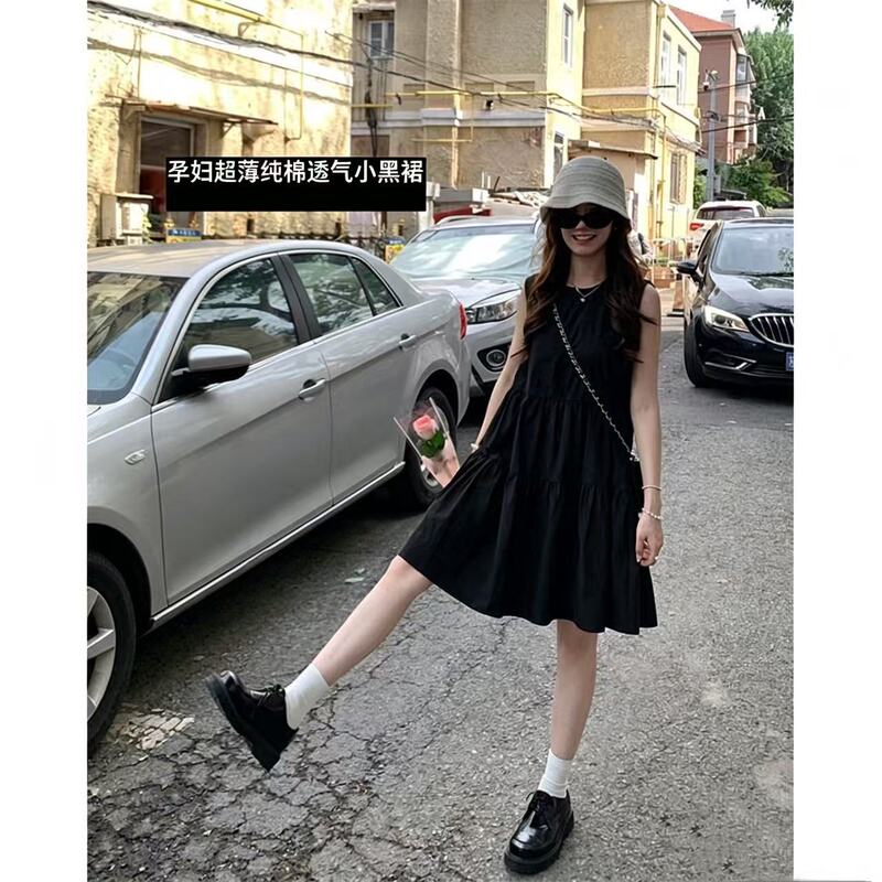 Maternity Dress Summer 2026 New Style Pure Cotton Ultra-Thin Breathable Sleeveless Little Black Dress for Petite Women That Doesn'T Show Pregnancy