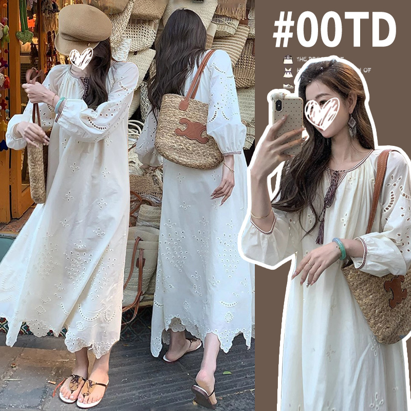 Pregnant Women's Spring and Summer Dress New Style Retro Cotton Embroidered Hollow-Out Bohemian Style Early Spring Beautiful Long Dress for Pregnancy