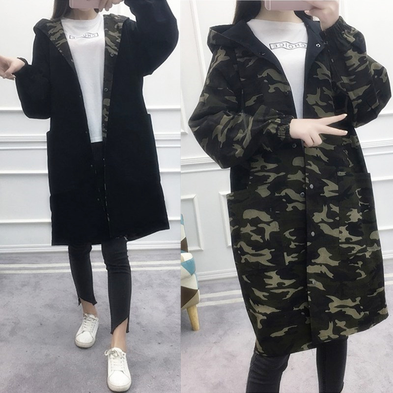trung dài 2020 mùa xuân phụ nữ ngụy trang áo gió và Hàn Quốc phiên bản mới mùa thu của lỏng lớn mã studenthood hai mặt mặc áo khoác