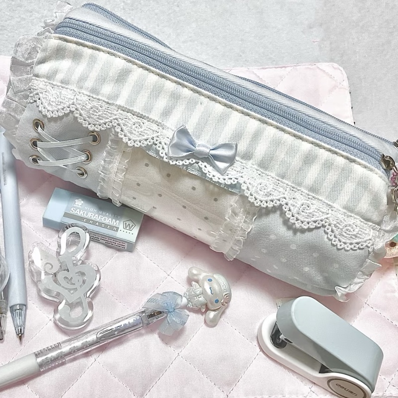 High-Quality ins Style Korean-Style Blue Lace Pencil Case, Student-Specific Large-Capacity Portable Storage Stationery Bag High-Quality ins Style Korean-Style Blue Lace Pencil Case, Student-Specific Large-Capacity Portable Storage Stationery Bag