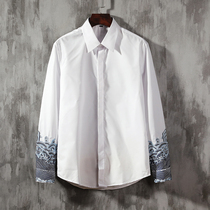 Chinese style mens embroidered long-sleeved shirt Mens retro Tang dress top Casual loose spring and autumn base shirt