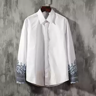 Chinese style men's embroidered long sleeve shirt men's retro Tang jacket casual loose spring and autumn interior shirt