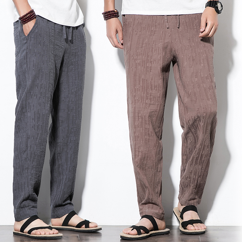 Chinese style cotton hemp men's pants summer thin vintage loose straight pants large size linen slacks men's trousers