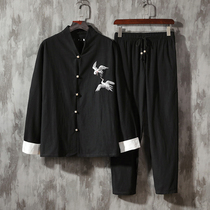 Tang clothing Linen suit Chinese style mens clothing Chinese style improved Hanfu Lay Shi Cotton hemp tea suit Ancient costume National style Zen suit