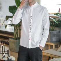 Chinese style pan buckle linen shirt embroidery stand collar cotton and linen long sleeve shirt Vintage style mens spring and autumn casual top