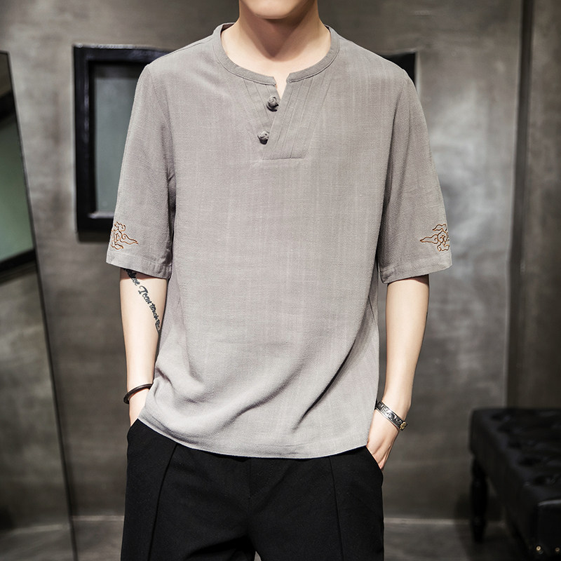 Chinese wind men's clothing disc buckle embroidery linen men short sleeves small shirts linen cotton linen tide half sleeve blouse summer
