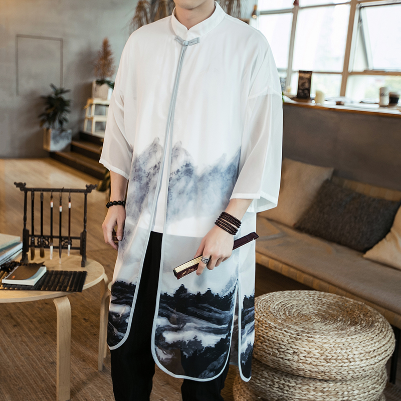 Landscape painting Chinese wind men wear thin snow coat men's sunscreen coat summer retro shirt