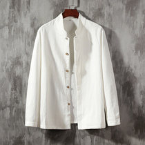 Chinese style linen shirt Mens stand-up collar long-sleeved cotton linen shirt Vintage style mens wild linen casual top