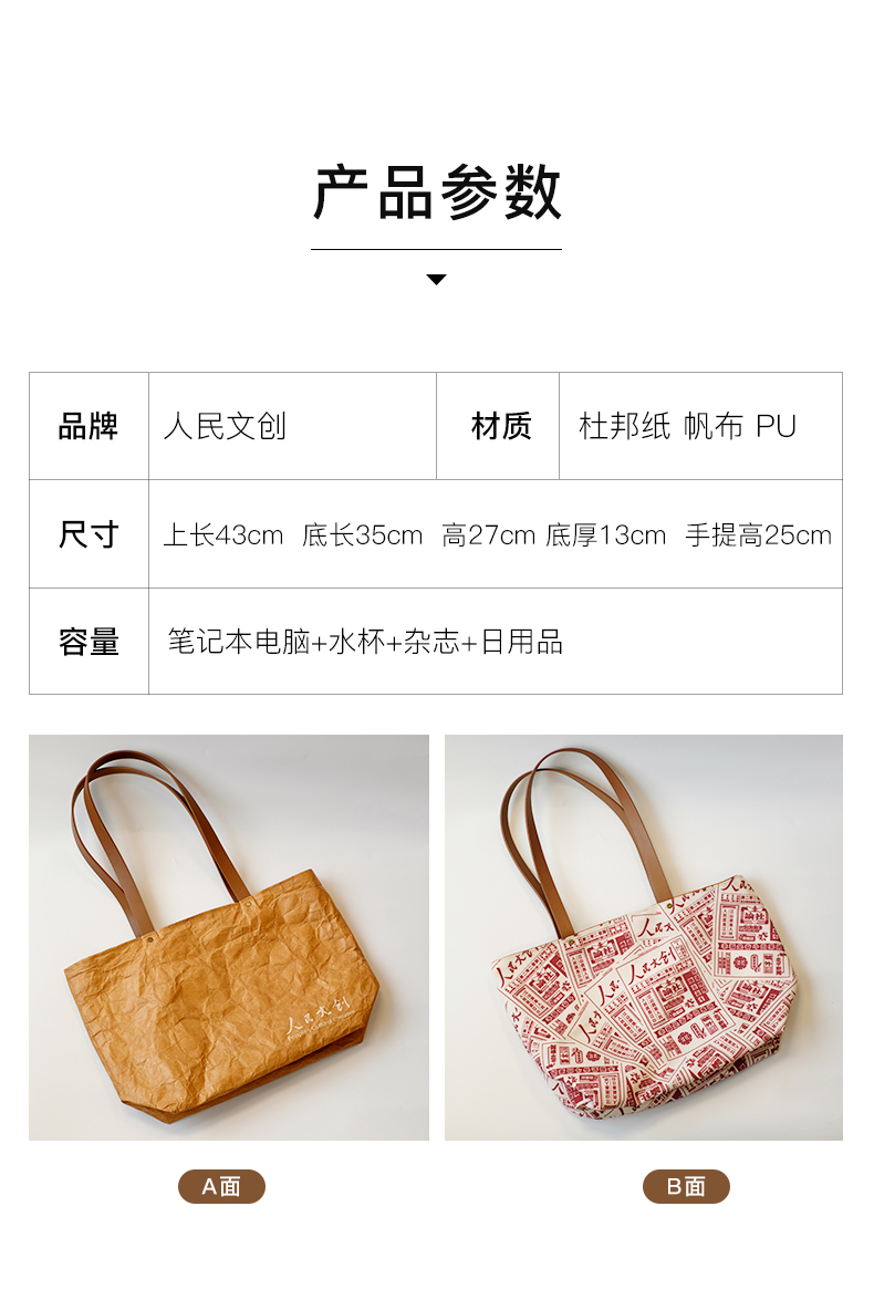人民文创 杜邦纸防水 双面帆布托特包 图12