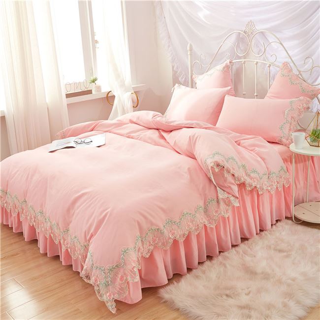 Giường lưới màu đỏ cotton bốn mảnh cotton công chúa gió ren màu rắn chăn mền phủ giường loại váy 1,5 / 1,8m - Váy Petti ga giường viền họa tiết
