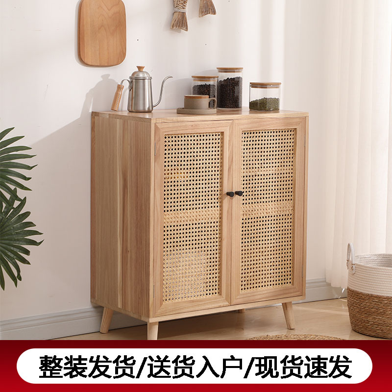 Solid Wood Sideboard, Modern Minimalist Storage Cabinet, Home Kitchen Cabinet, Living Room Wall-Mounted Integrated Rattan Storage Cabinet