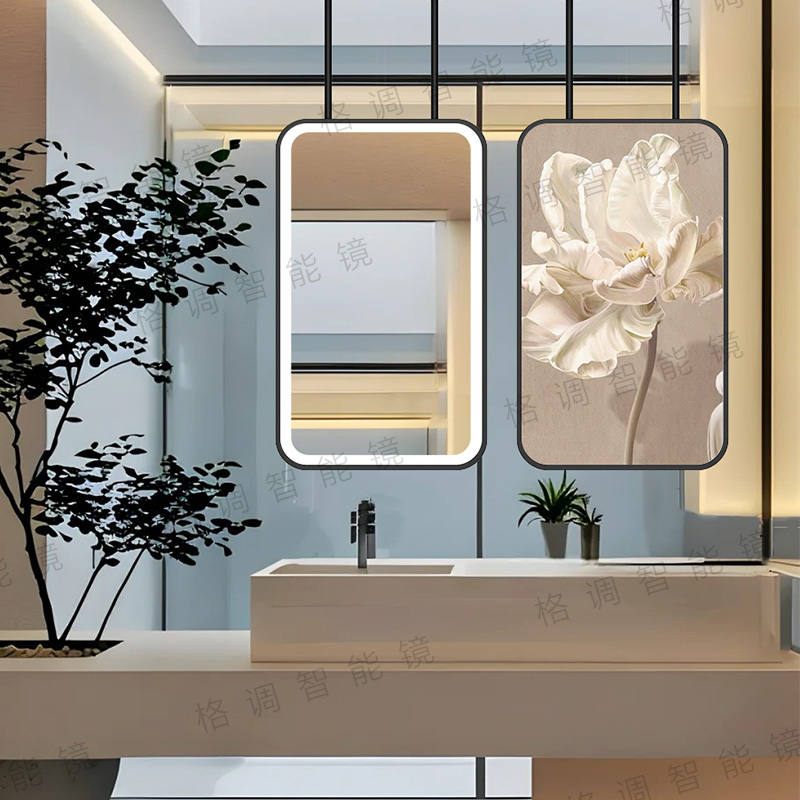 Stainless Steel Hanging Mirror, Rectangular Double Hanging Rod Smart Mirror, Acrylic Oil Painting Double-Sided Mirror, Living Room Entrance Hanging Decorative Mirror