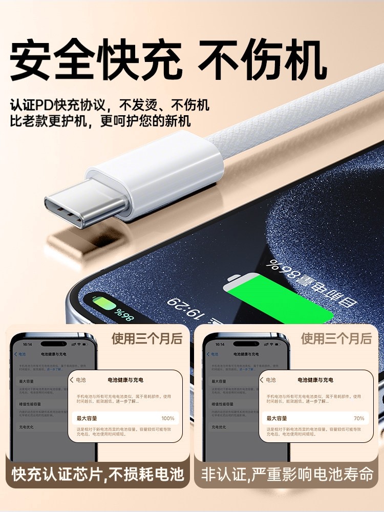 [45W New Fast Charging]Fivi Official Compatible Apple 15 Pro Max Charging Cable iPhone 16 Data Cable 17 Mobile Phone Type-C 14 Charger USB Fast Charging Pd Braided iPad Car Charger