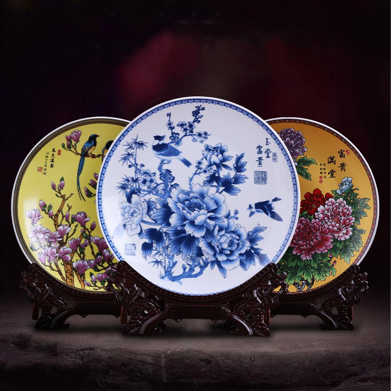 Jingdezhen ceramics blue and white porcelain hanging plate decoration plate decoration flower plate Chinese home countertop decoration craft gift decoration