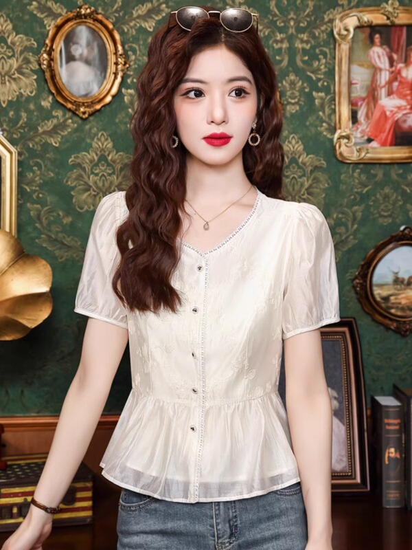 Embroidered Short-Sleeved Chiffon Women's Summer Thin 2025 New Fashion Slim-Fit Short T-Shirt Women's Top
