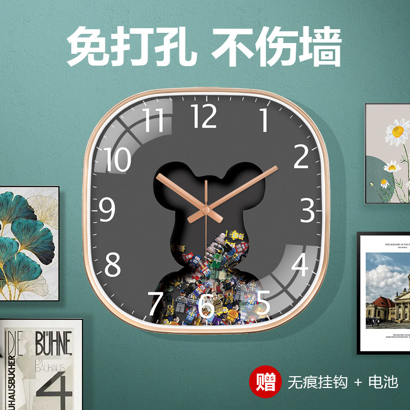 Square hanging clock Living room Bedroom Watch Light Extravagant Bears Modern Children's House Cartoon Creative Clock 2023 New-Taobao