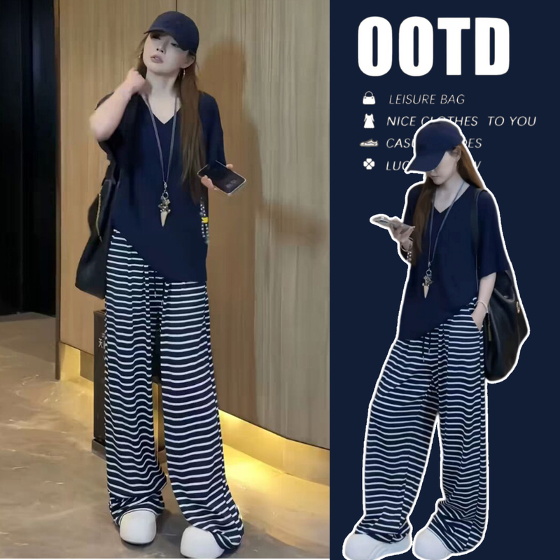 Maternity Outfit for Summer: Stylish and Versatile Lazy Short-Sleeve V-Neck Top + Striped Wide-Leg Pants for Pregnant Moms to Wear Without Revealing Their Pregnancy