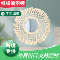 Round vintage natural hemp rope decorated with wall porch bedhead hand woven grass rope cosmetic aluminum mirror