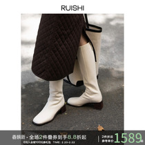RUISHI Richter Trendy Comfort Head Layer Cow Leather Square Head Genuine Leather Coarse Heel Boots White Long Barrel Boots Child Autumn Winter