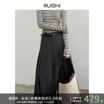 RUISHI Richter Light Weight Warm Black Tech Hollow Yarn High Order Heavy Work Press Pleats Morden 100 Pleats Half Skirt Woman Autumn Winter