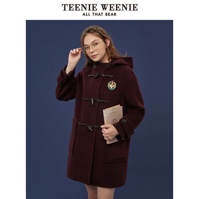 TeenieWeenie Bear Hooded Woolen Coat Mid-Length Horn Button Woolen Coat